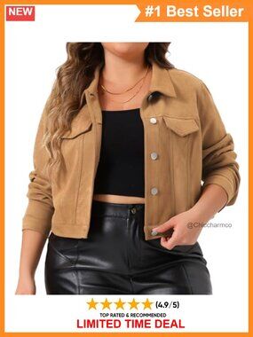 Plus Size Crop Moto Biker Suede Jacket Faux Leather